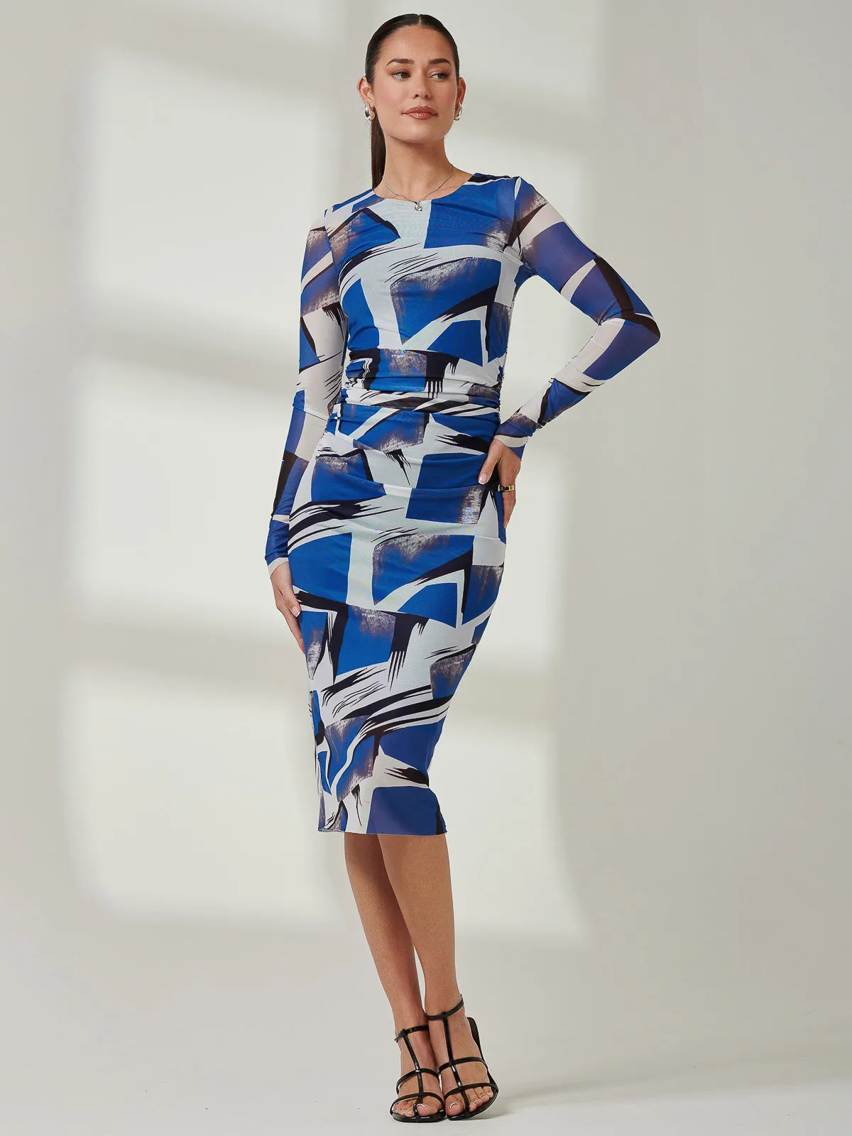 Long Sleeve Mesh Bodycon Maxi Dress, Blue Abstract