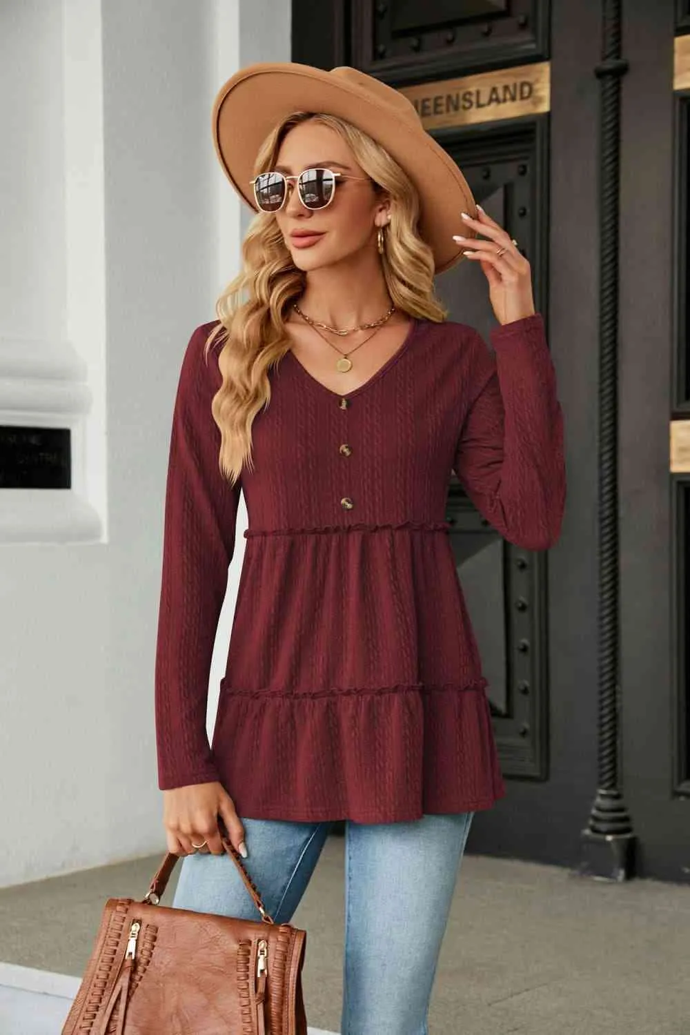 Long Sleeve V-Neck Cable-Knit Blouse