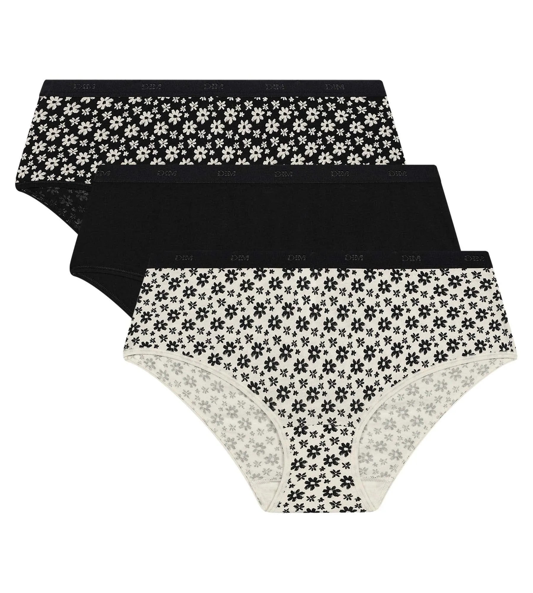 Lot de 3 boxers femme coton stretch à fleurs Blanc Noir Les Pockets