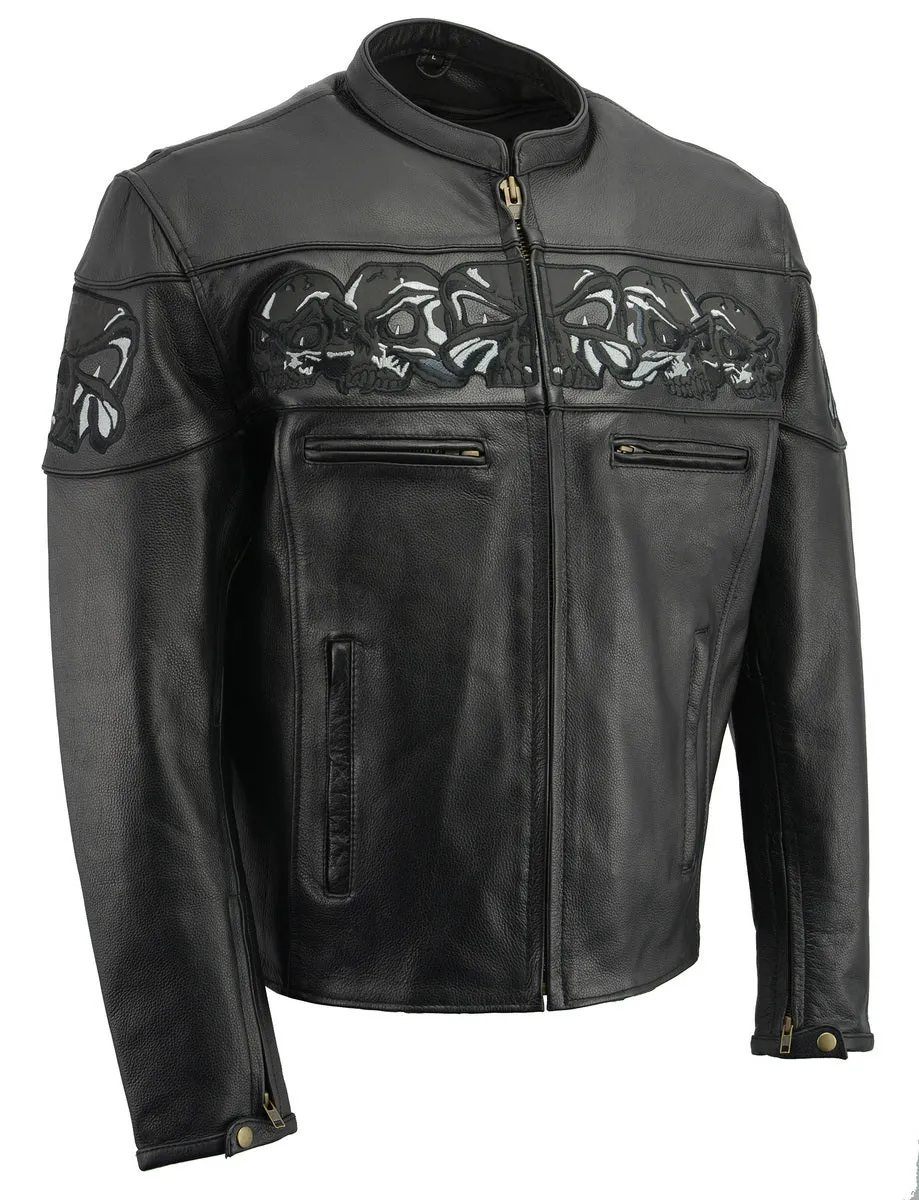 M Boss Motorcycle Apparel BOS11514 Men’s Black Reflective Skull Premium Cowhide Leather Motorcycle Jacket