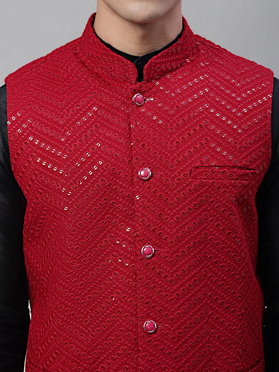 Men Black Solid Kurta Pyjama with  Maroon Embroidered Nehru Jacket