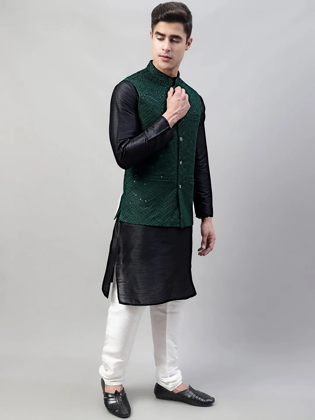 Men Black Solid Kurta Pyjama with  Olive Green Embroidered Nehru Jacket