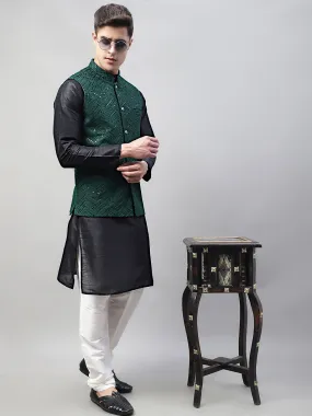 Men Black Solid Kurta Pyjama with  Olive Green Embroidered Nehru Jacket