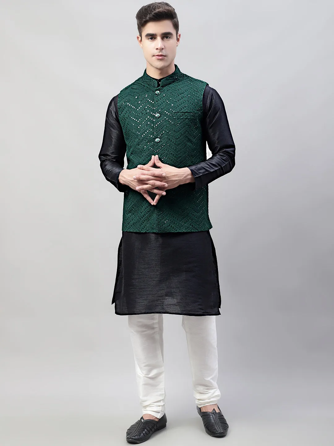 Men Black Solid Kurta Pyjama with  Olive Green Embroidered Nehru Jacket