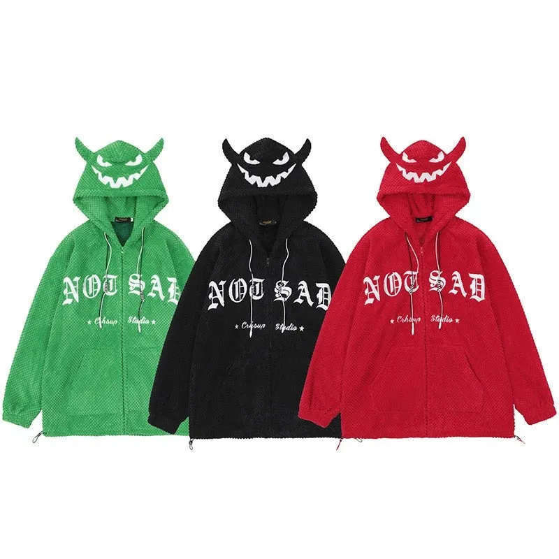 Men Hip Hop Hooded Jacket Coat Devil Print Streetwear Harajuku Cotton Casual Coat Autumn Outwear Zipper Hoodie Black