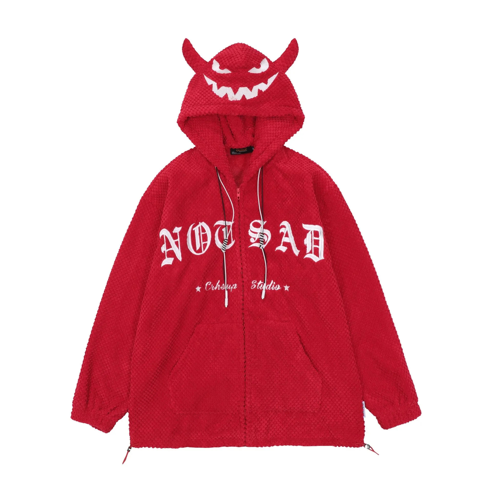 Men Hip Hop Hooded Jacket Coat Devil Print Streetwear Harajuku Cotton Casual Coat Autumn Outwear Zipper Hoodie Black