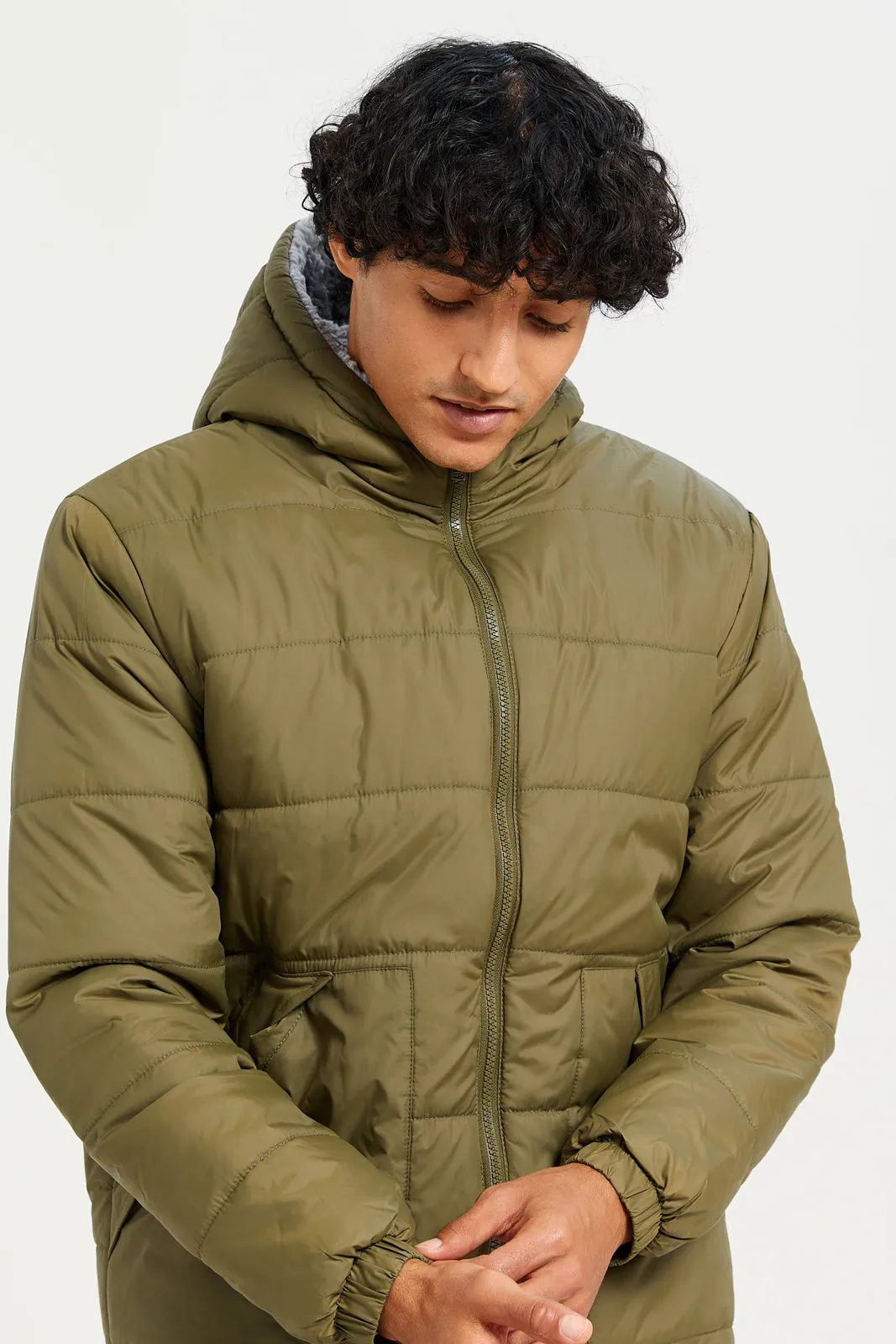 Men Olive Hooded Puffer jacket