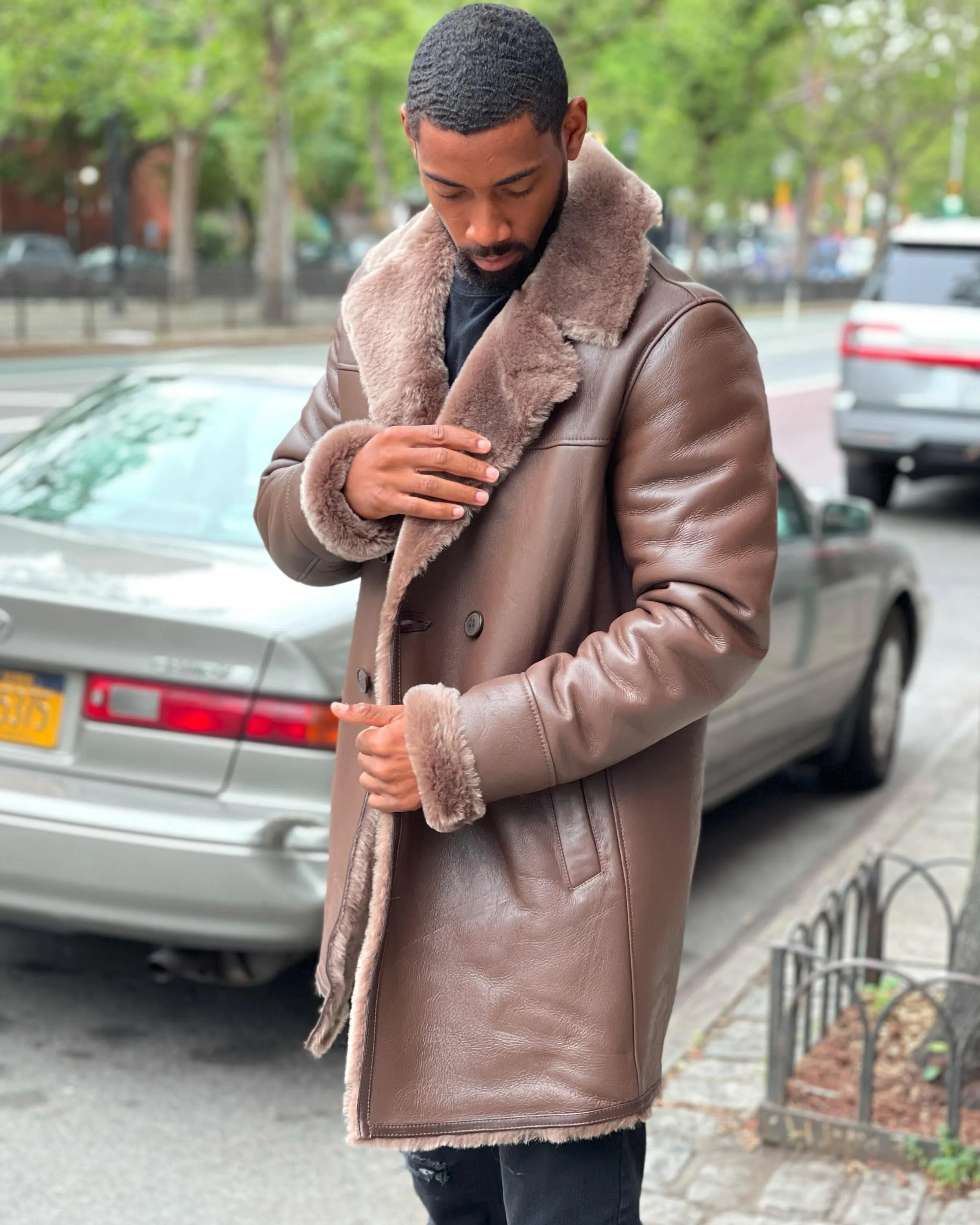 MEN SHEARLING- BROWN 3/4 PEACOAT STYLE