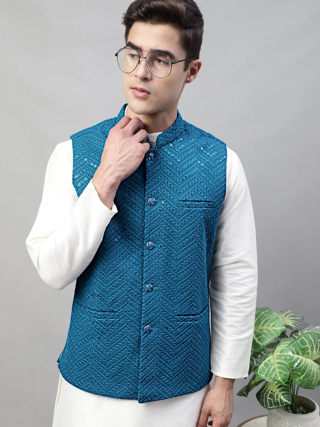 Men White Solid Kurta Pyjama with  Blue Embroidered Nehru Jacket