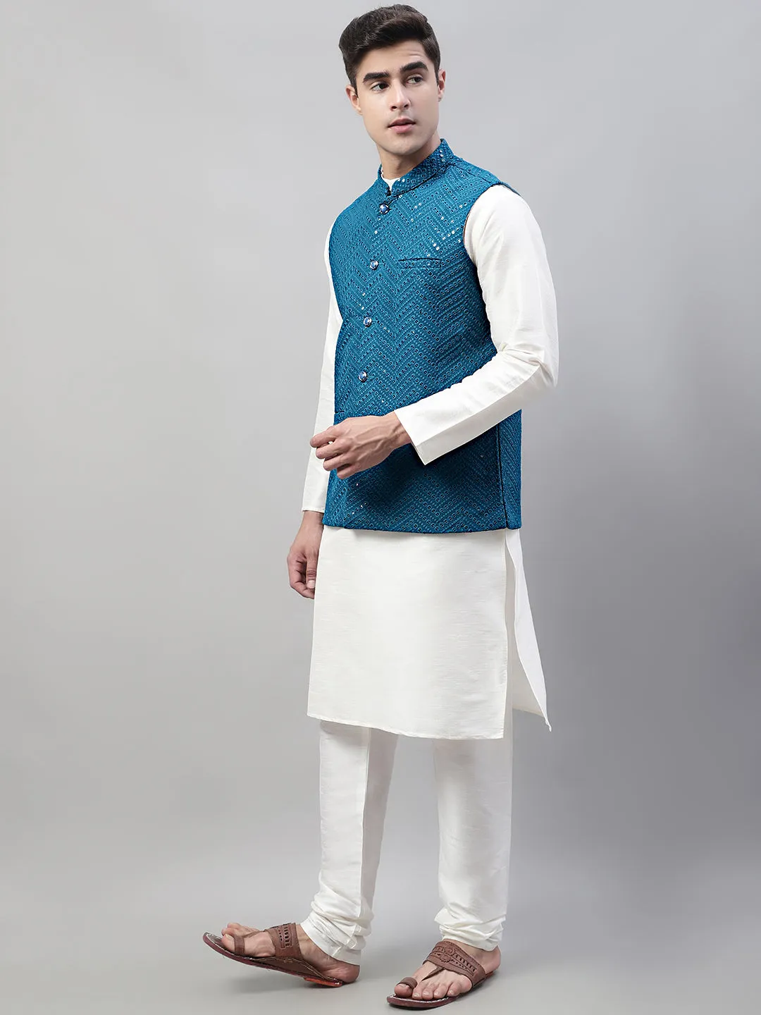 Men White Solid Kurta Pyjama with  Blue Embroidered Nehru Jacket