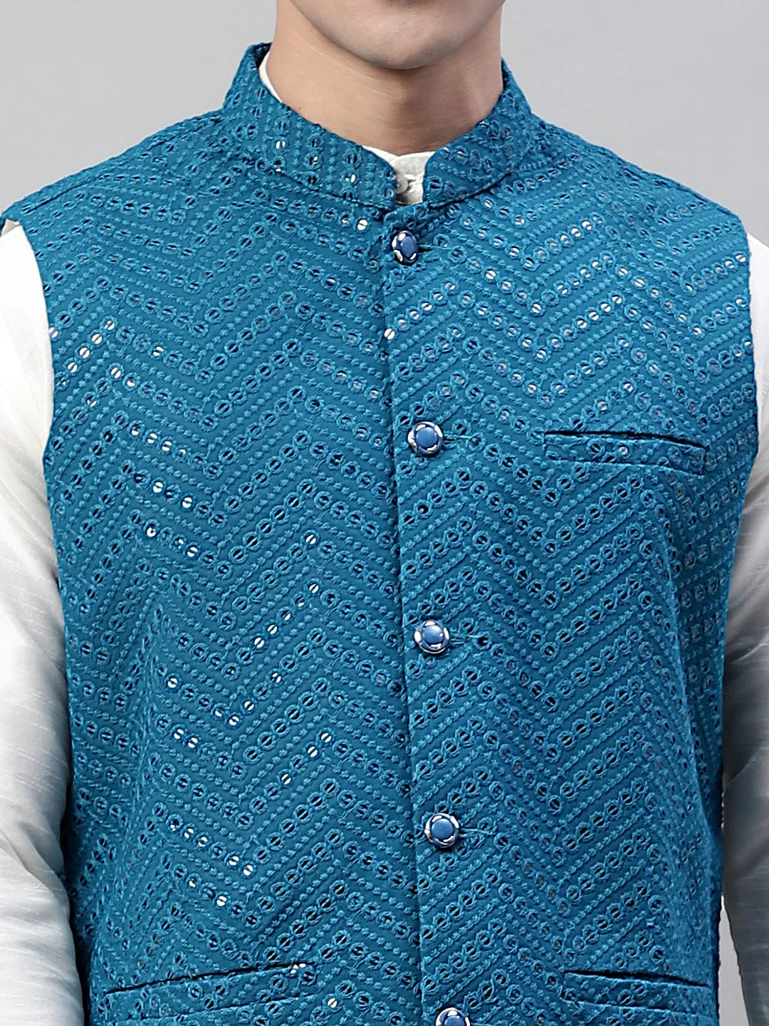 Men White Solid Kurta Pyjama with  Blue Embroidered Nehru Jacket