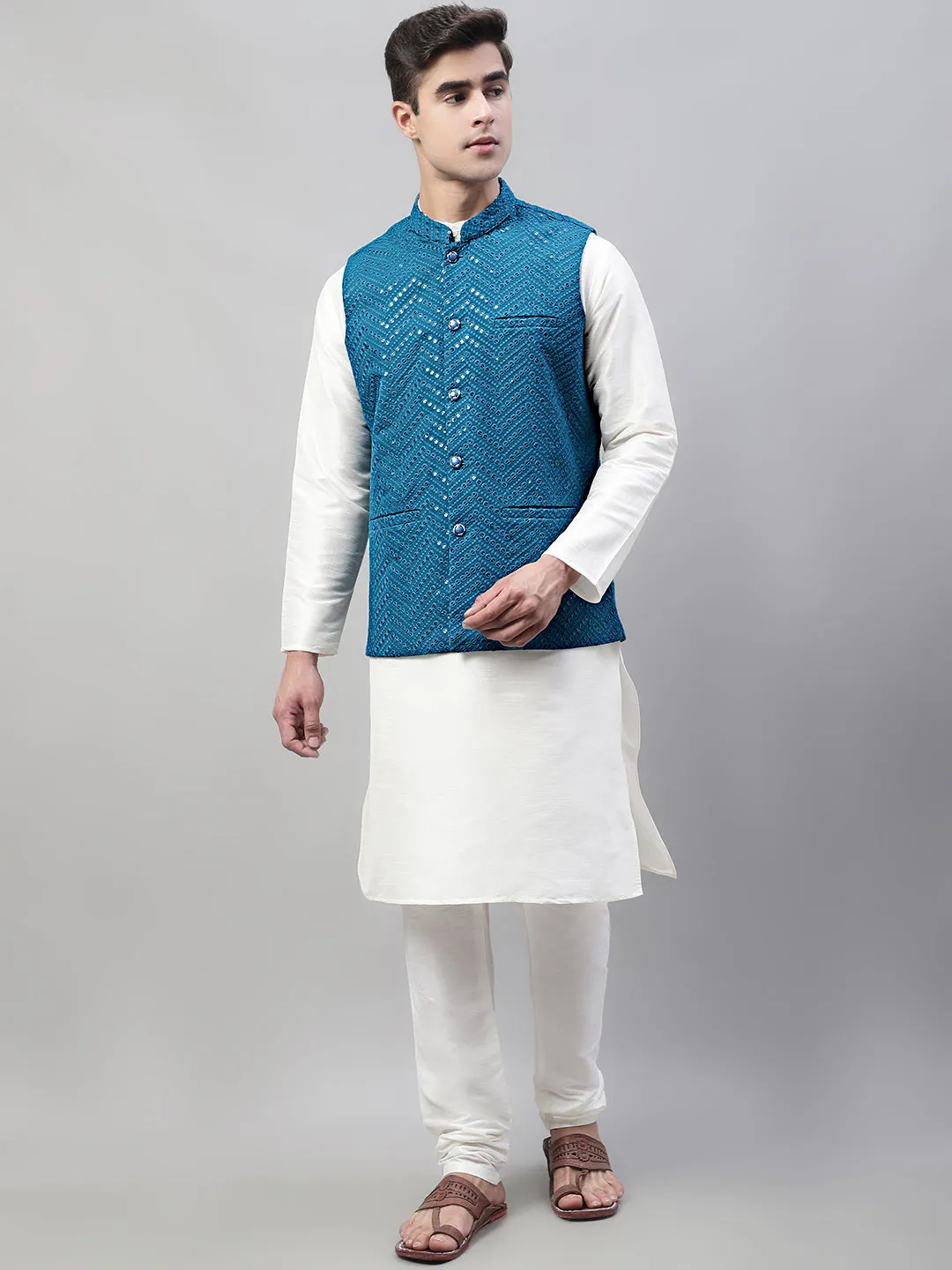 Men White Solid Kurta Pyjama with  Blue Embroidered Nehru Jacket