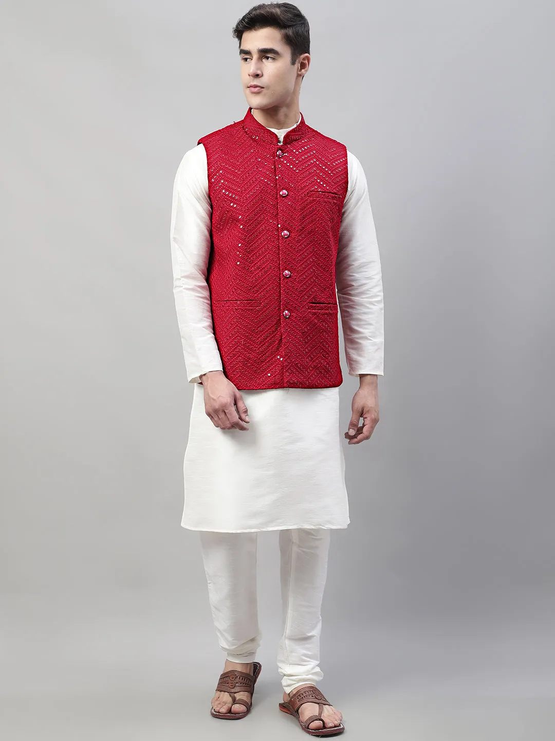 Men White Solid Kurta Pyjama with  Maroon Embroidered Nehru Jacket