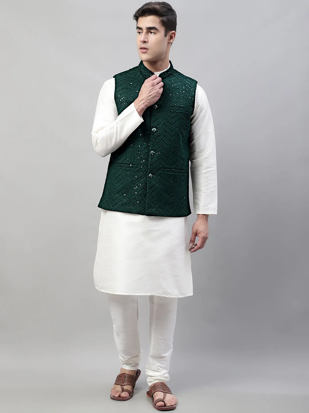 Men White Solid Kurta Pyjama with  Olive Green Embroidered Nehru Jacket