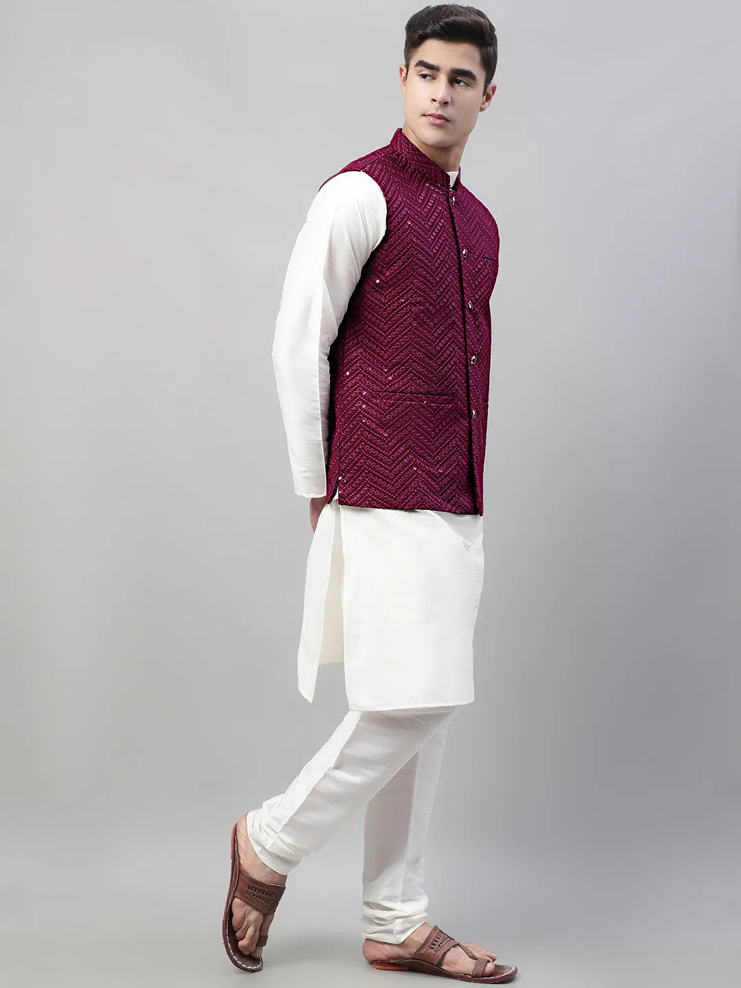 Men White Solid Kurta Pyjama with  Purple Embroidered Nehru Jacket