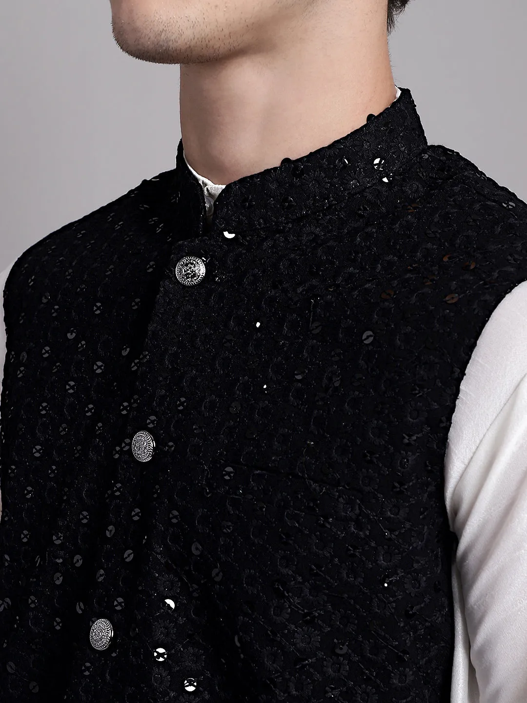 Men's Black Sequins and Embroidred Nehru Jacket With Solid Kurta Pyjama.