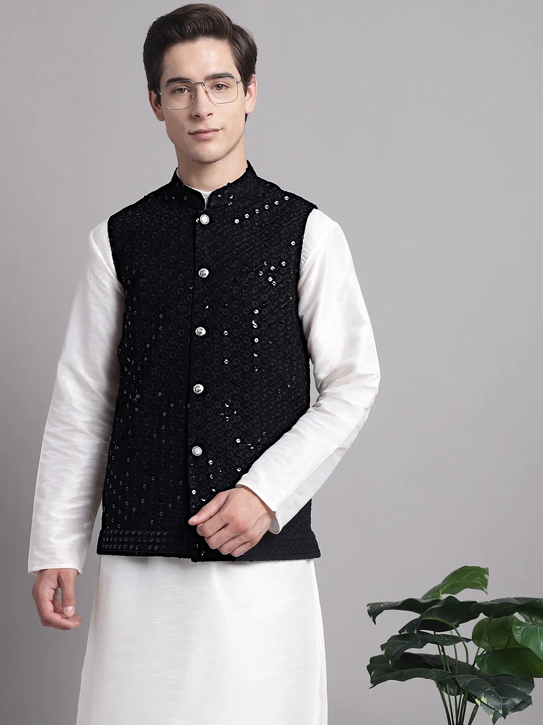 Men's Black Sequins and Embroidred Nehru Jacket With Solid Kurta Pyjama.