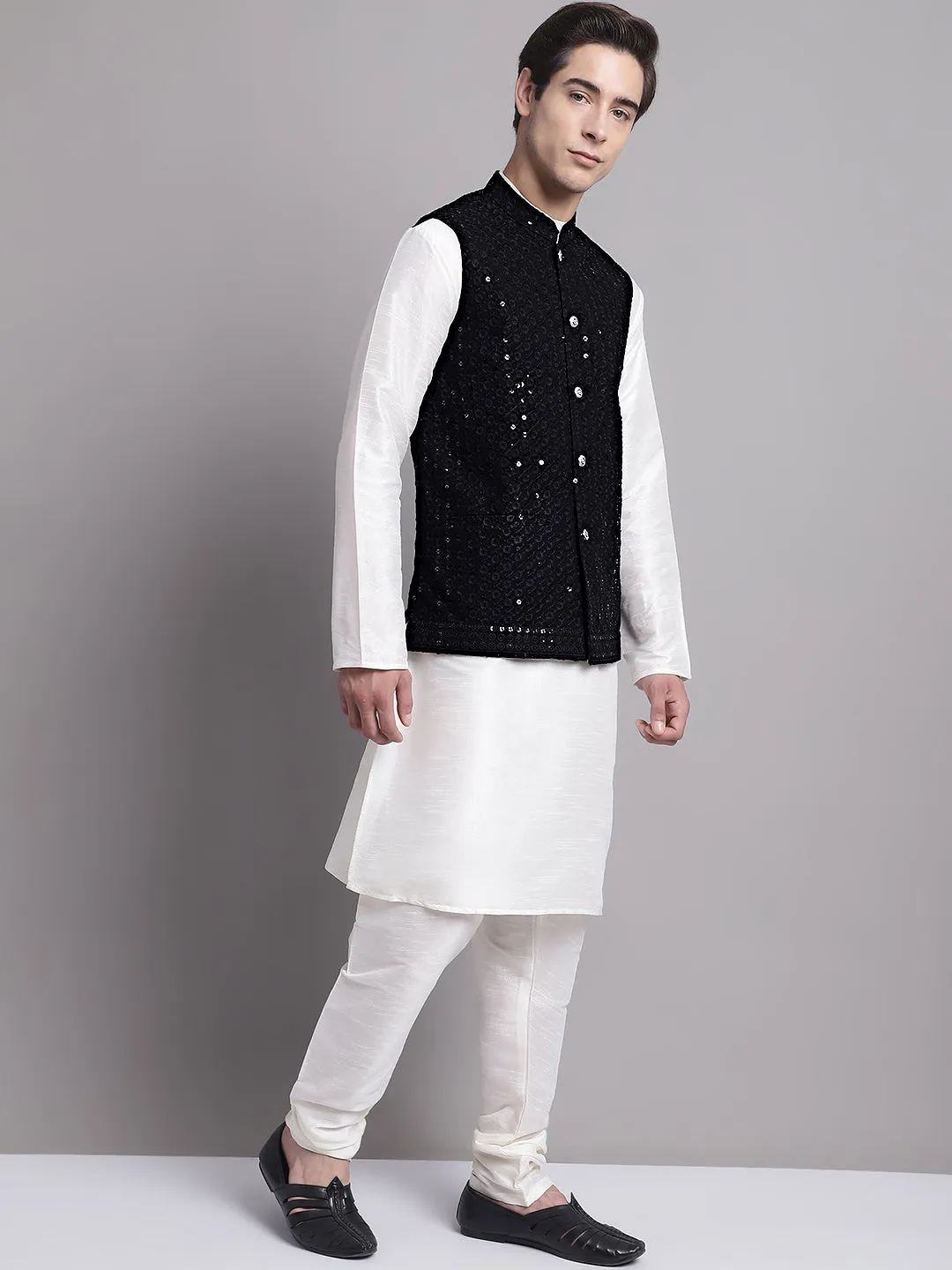 Men's Black Sequins and Embroidred Nehru Jacket With Solid Kurta Pyjama.