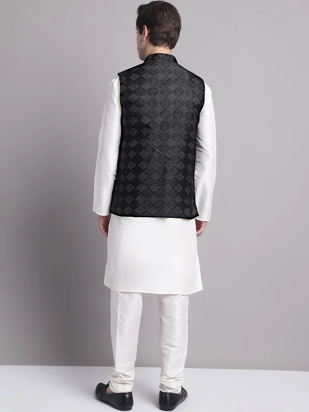 Men's Black Woven Design Nehru Jacket With Solid Kurta Pyjama.