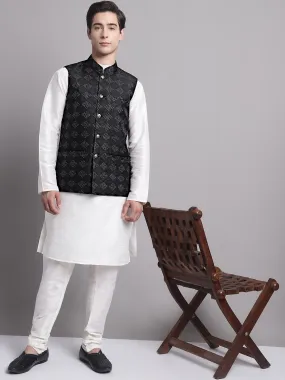 Men's Black Woven Design Nehru Jacket With Solid Kurta Pyjama.