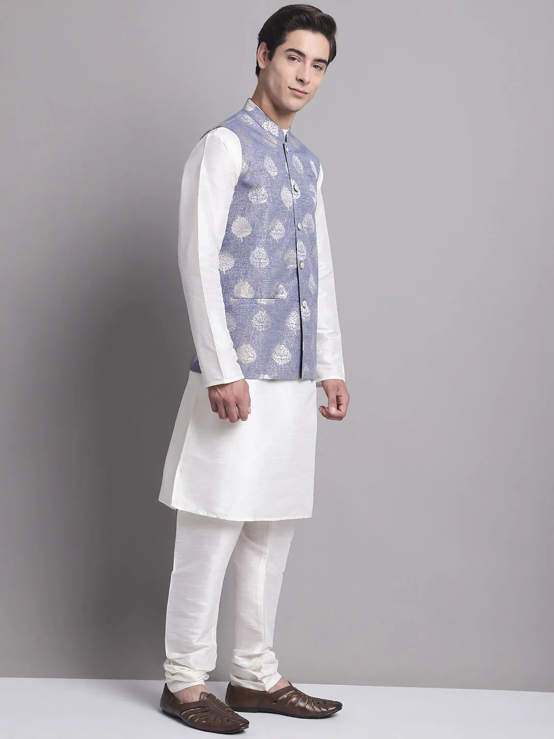 Men's Blue Printed Nehru Jacket With Solid Kurta Pyjama.