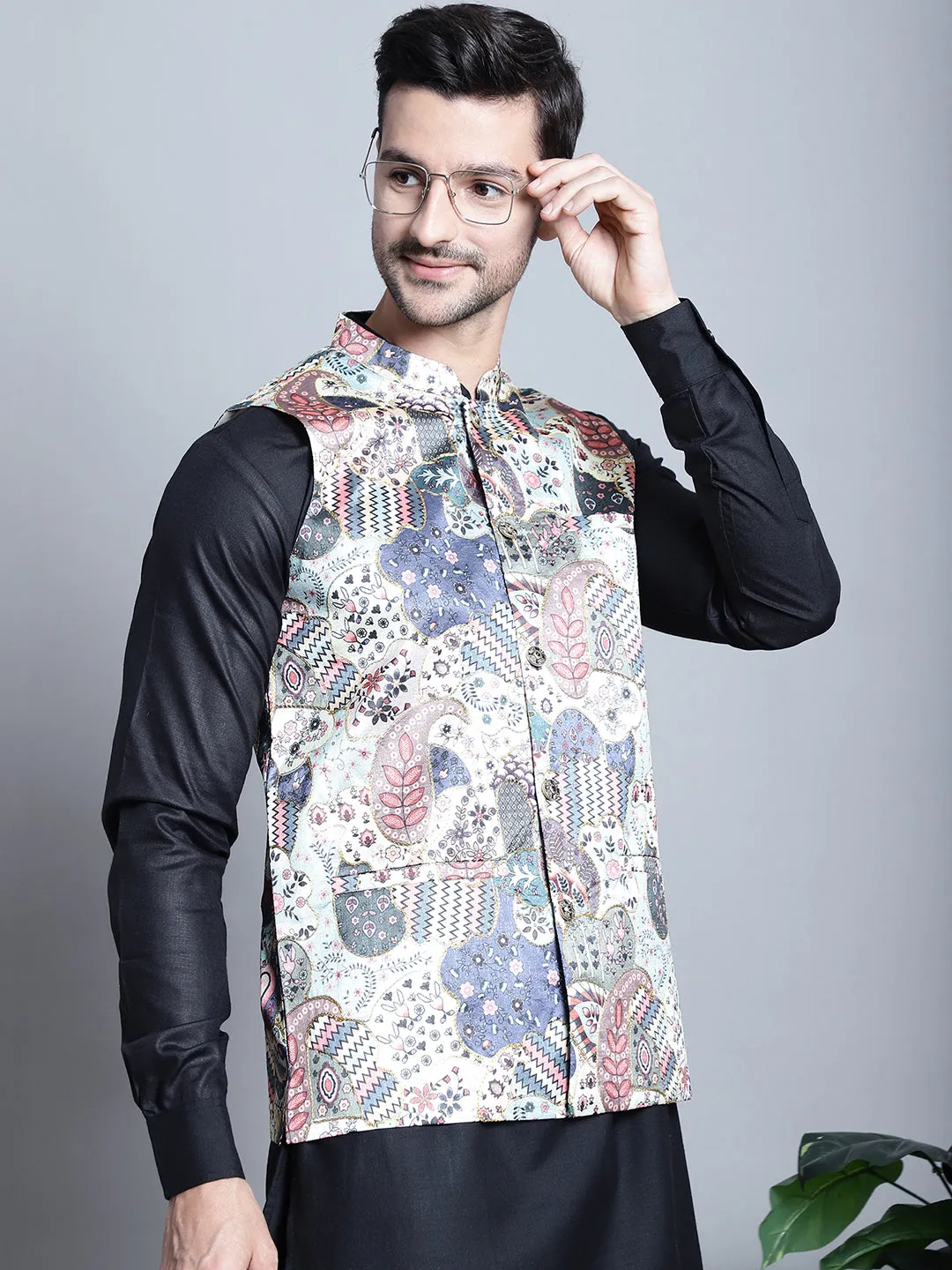 Men's Digital Print and Zari Work Nehru Jacket With Kurta Pyjama Set