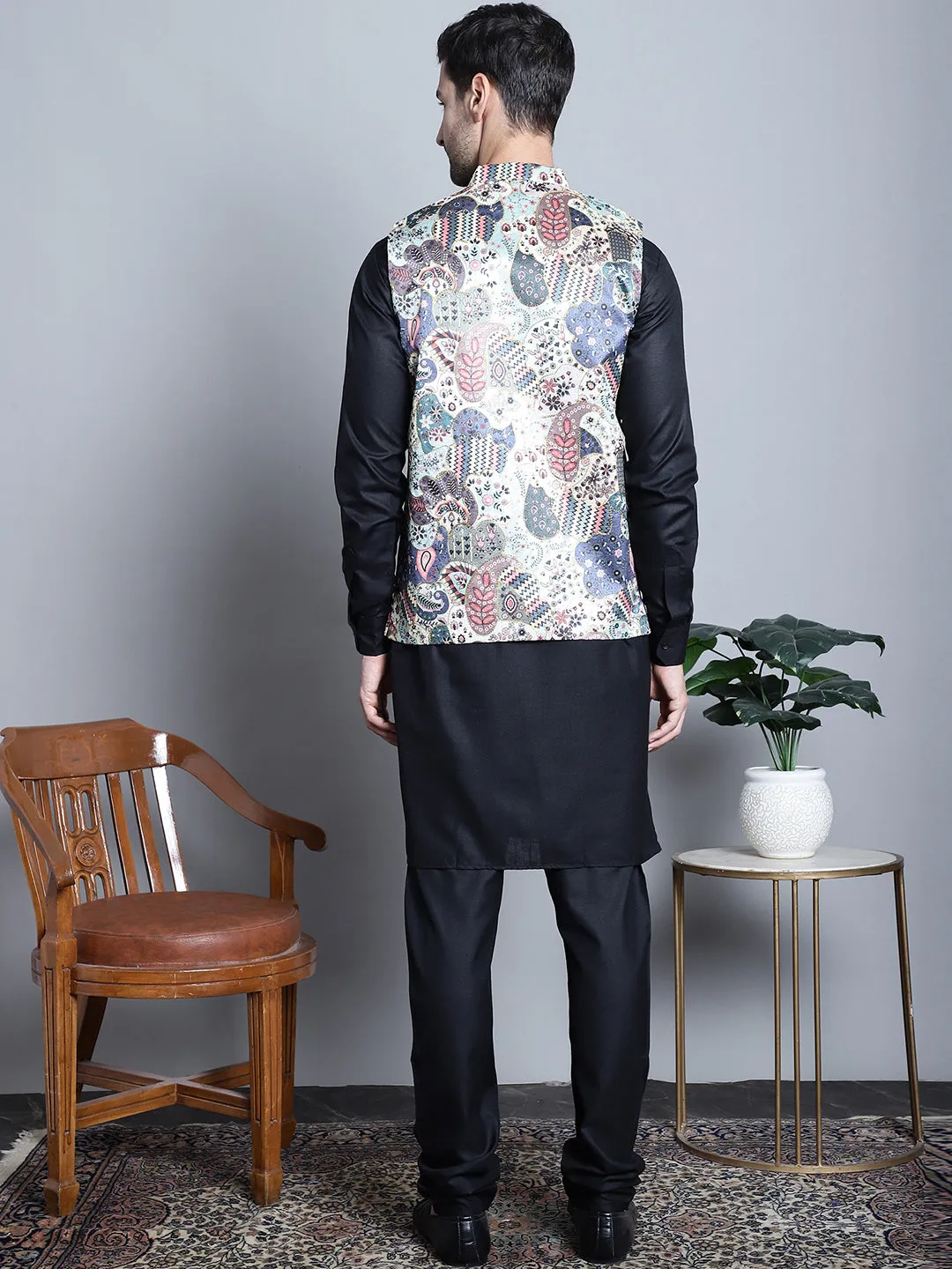 Men's Digital Print and Zari Work Nehru Jacket With Kurta Pyjama Set