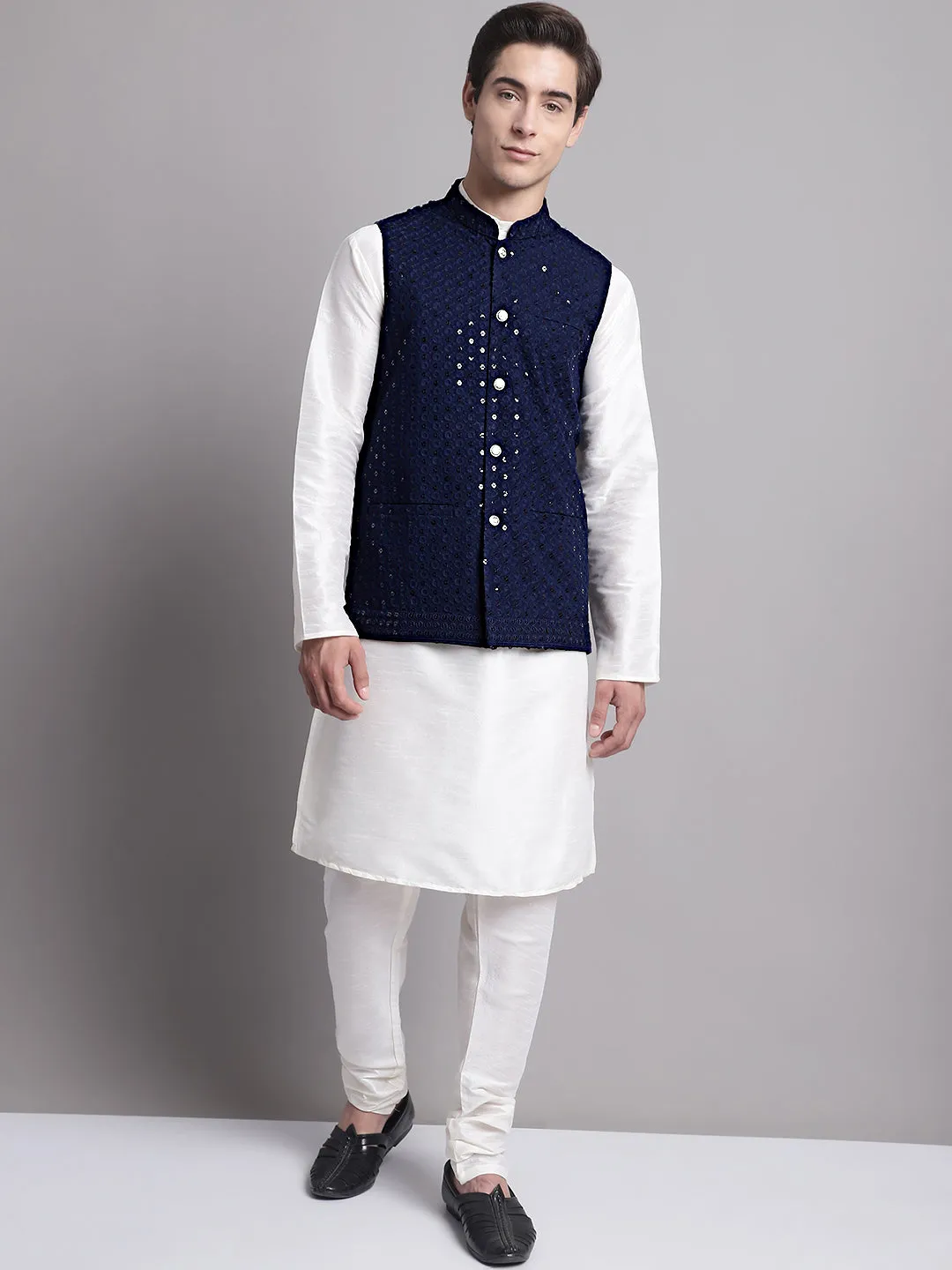 Men's Navy Blue Sequins and Embroidred Nehru Jacket With Solid Kurta Pyjama.