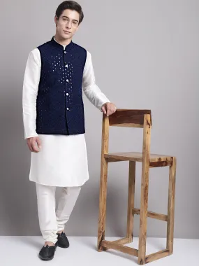 Men's Navy Blue Sequins and Embroidred Nehru Jacket With Solid Kurta Pyjama.