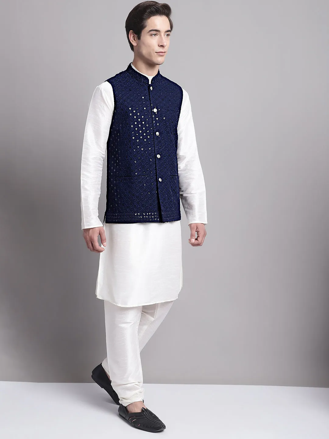 Men's Navy Blue Sequins and Embroidred Nehru Jacket With Solid Kurta Pyjama.