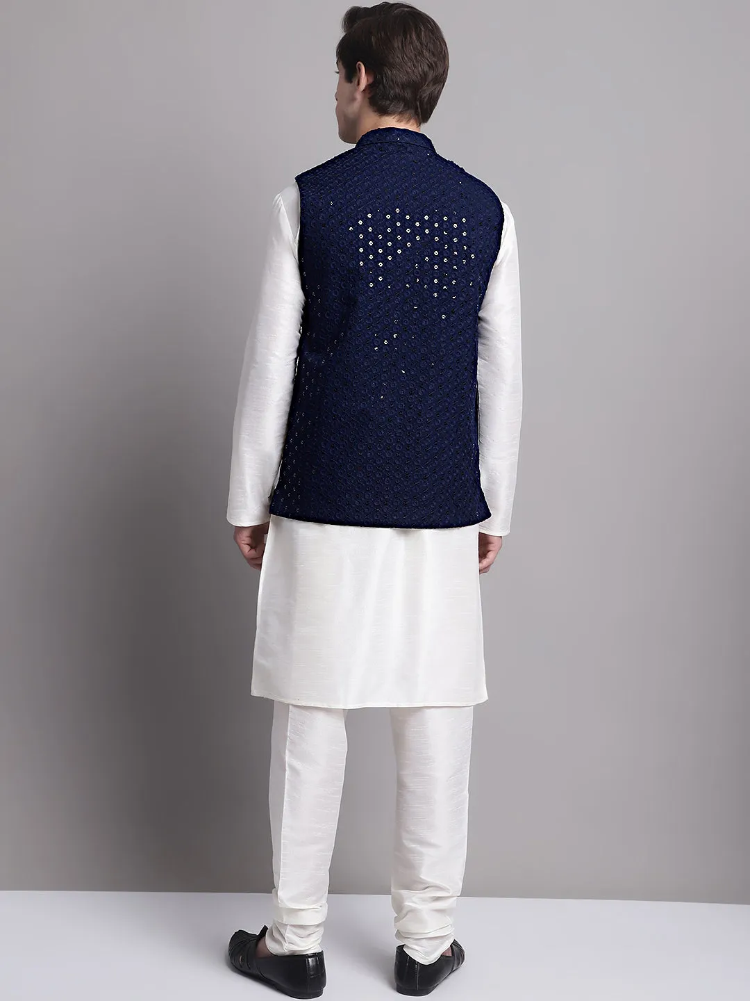 Men's Navy Blue Sequins and Embroidred Nehru Jacket With Solid Kurta Pyjama.