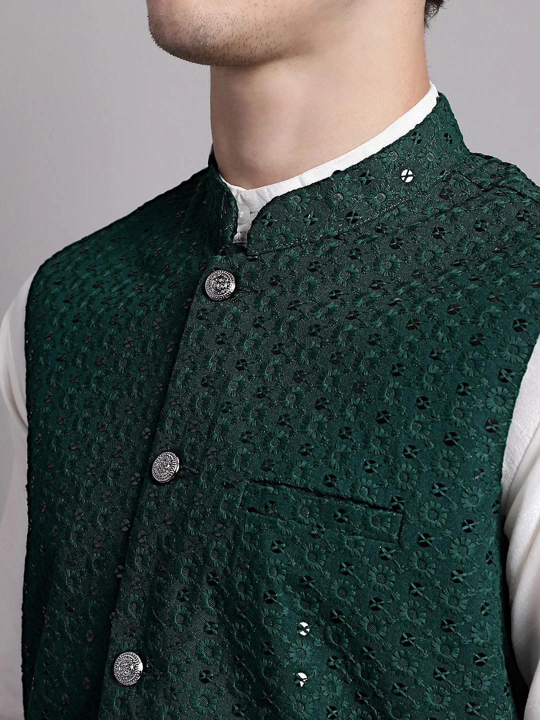 Men's Olive Green Sequins and Embroidred Nehru Jacket With Solid Kurta Pyjama.