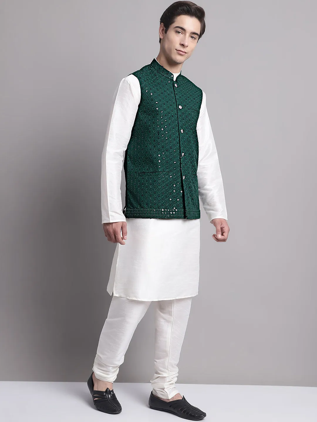 Men's Olive Green Sequins and Embroidred Nehru Jacket With Solid Kurta Pyjama.