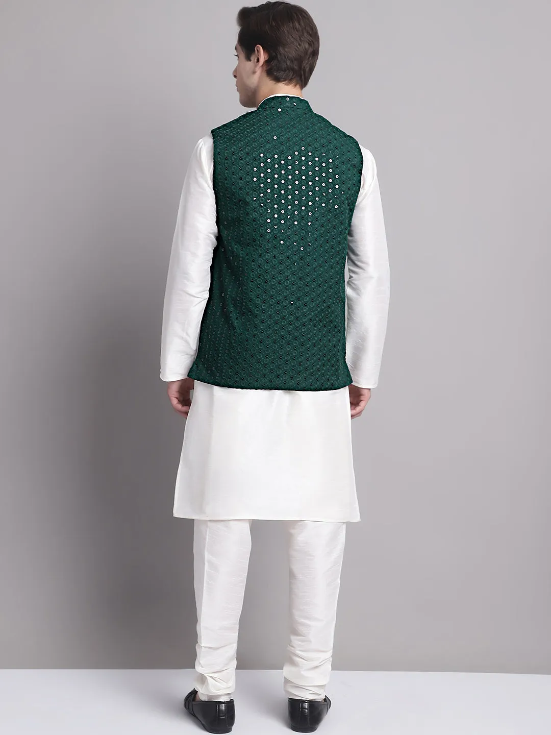 Men's Olive Green Sequins and Embroidred Nehru Jacket With Solid Kurta Pyjama.