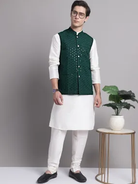 Men's Olive Green Sequins and Embroidred Nehru Jacket With Solid Kurta Pyjama.