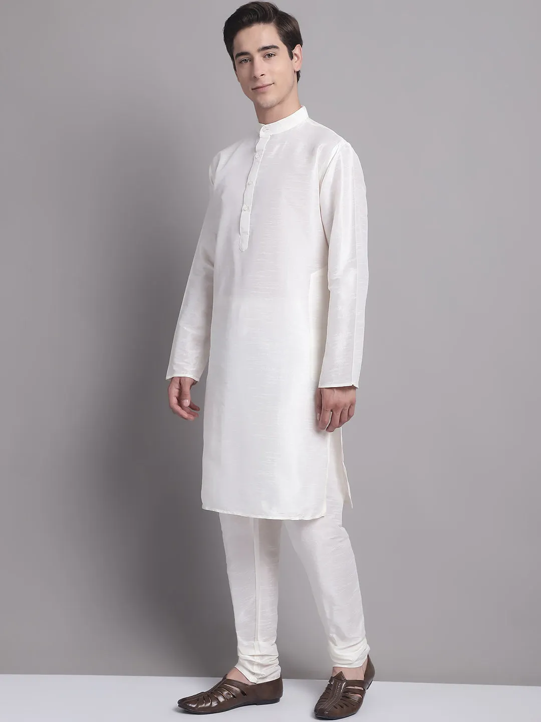 Men's Silver and Black Woven Design Nehru Jacket With Solid Kurta Pyjama.