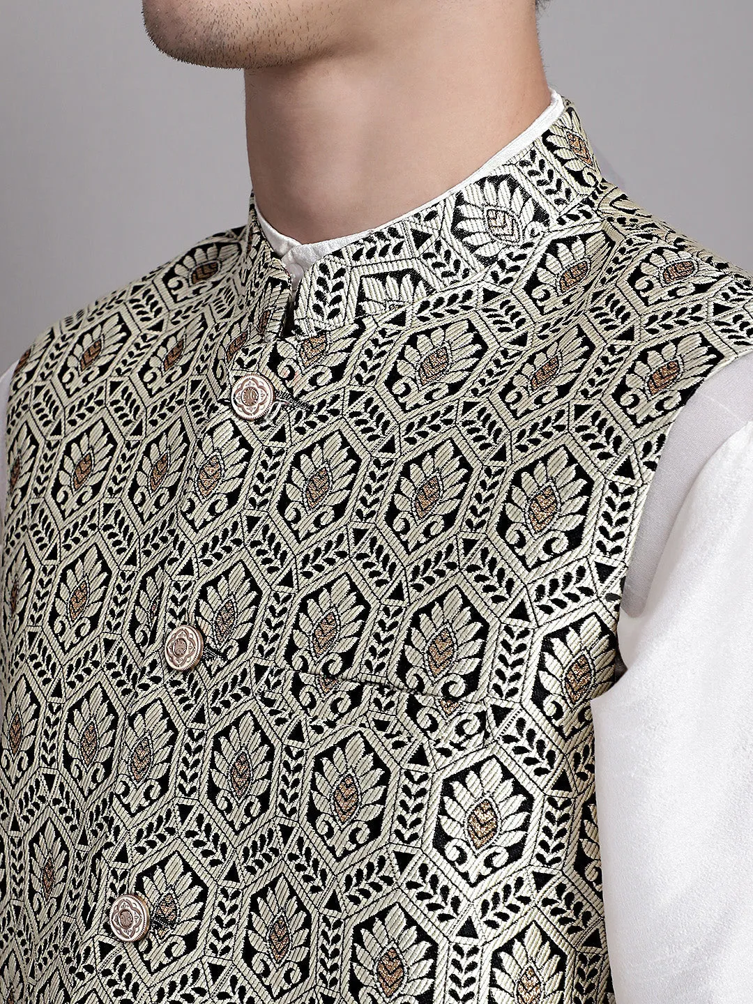 Men's Silver and Black Woven Design Nehru Jacket With Solid Kurta Pyjama.