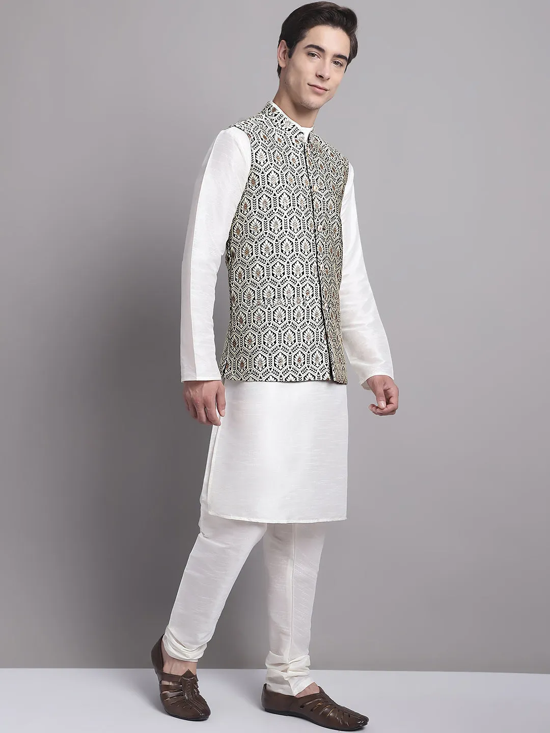 Men's Silver and Black Woven Design Nehru Jacket With Solid Kurta Pyjama.