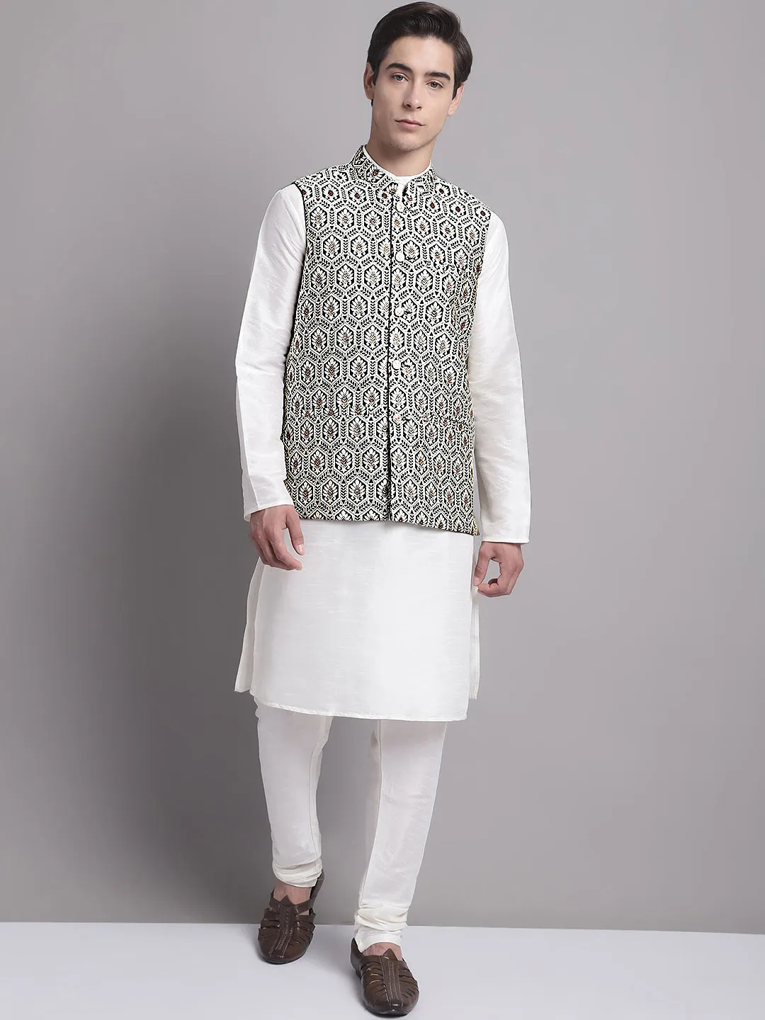 Men's Silver and Black Woven Design Nehru Jacket With Solid Kurta Pyjama.