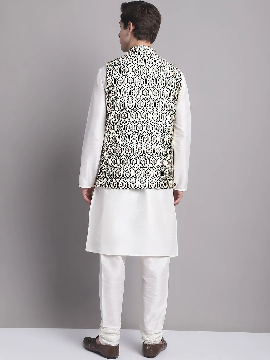 Men's Silver and Black Woven Design Nehru Jacket With Solid Kurta Pyjama.