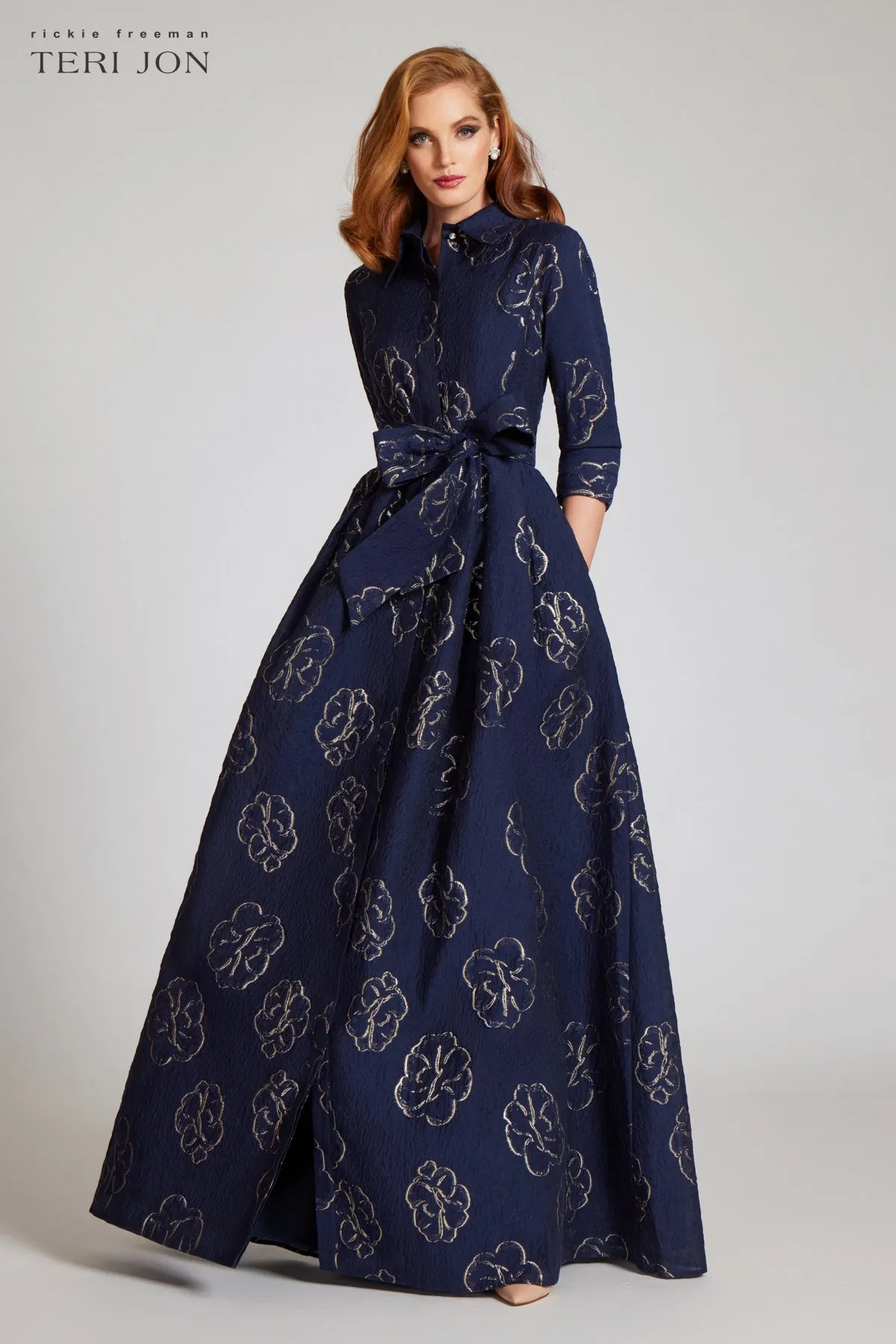 Metallic Flower Jacquard Shirt Waist Gown