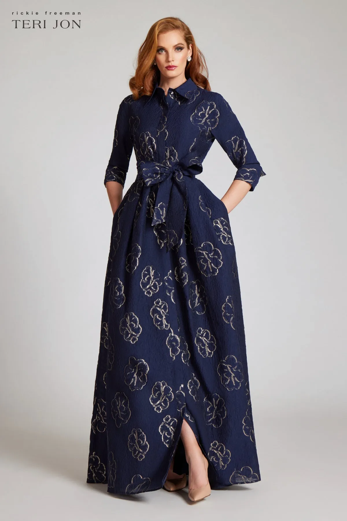 Metallic Flower Jacquard Shirt Waist Gown