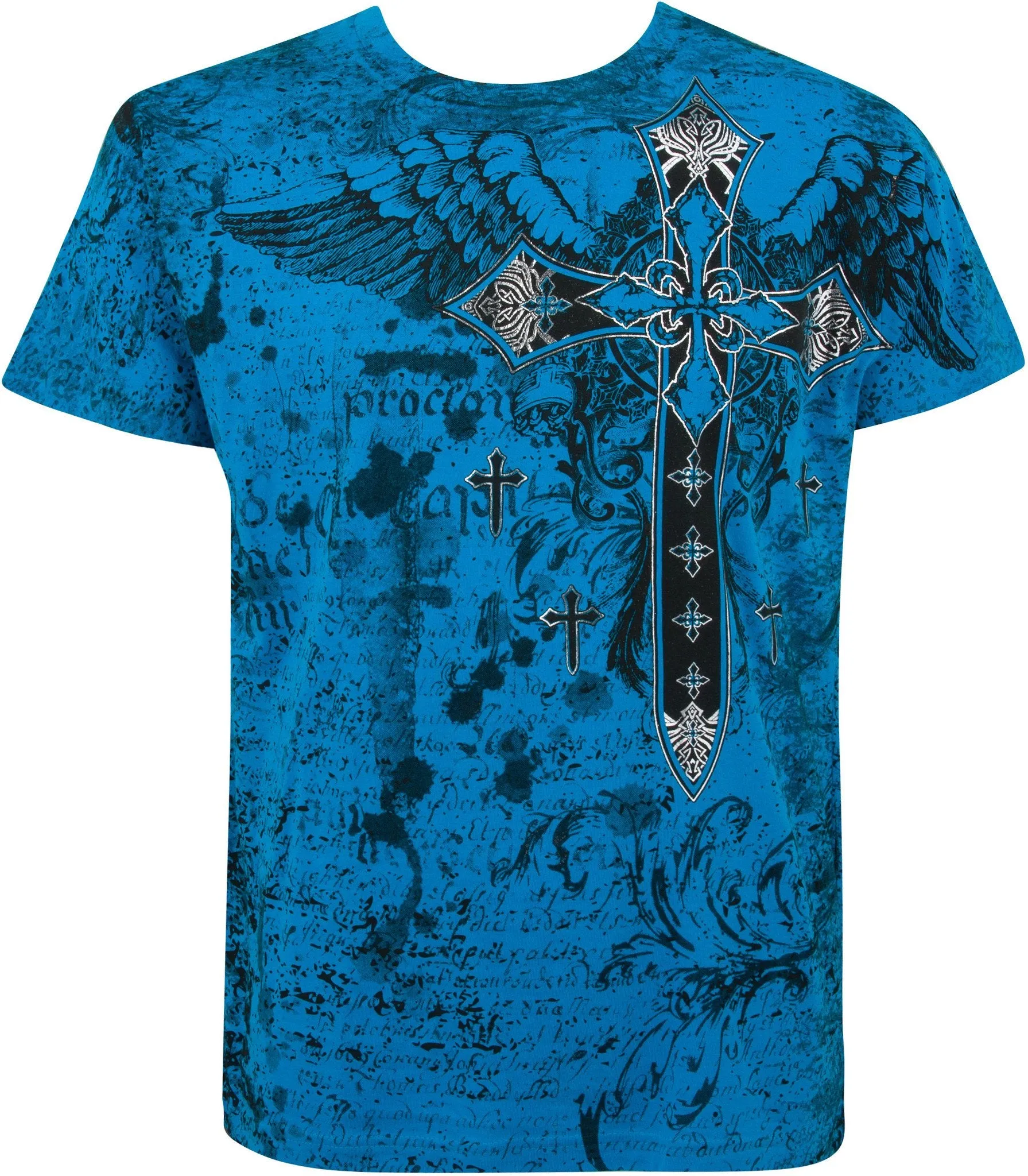 Metallic Silver Embossed Cross Short Sleeve Crew Neck Cotton Mens Fashion T-Shirt