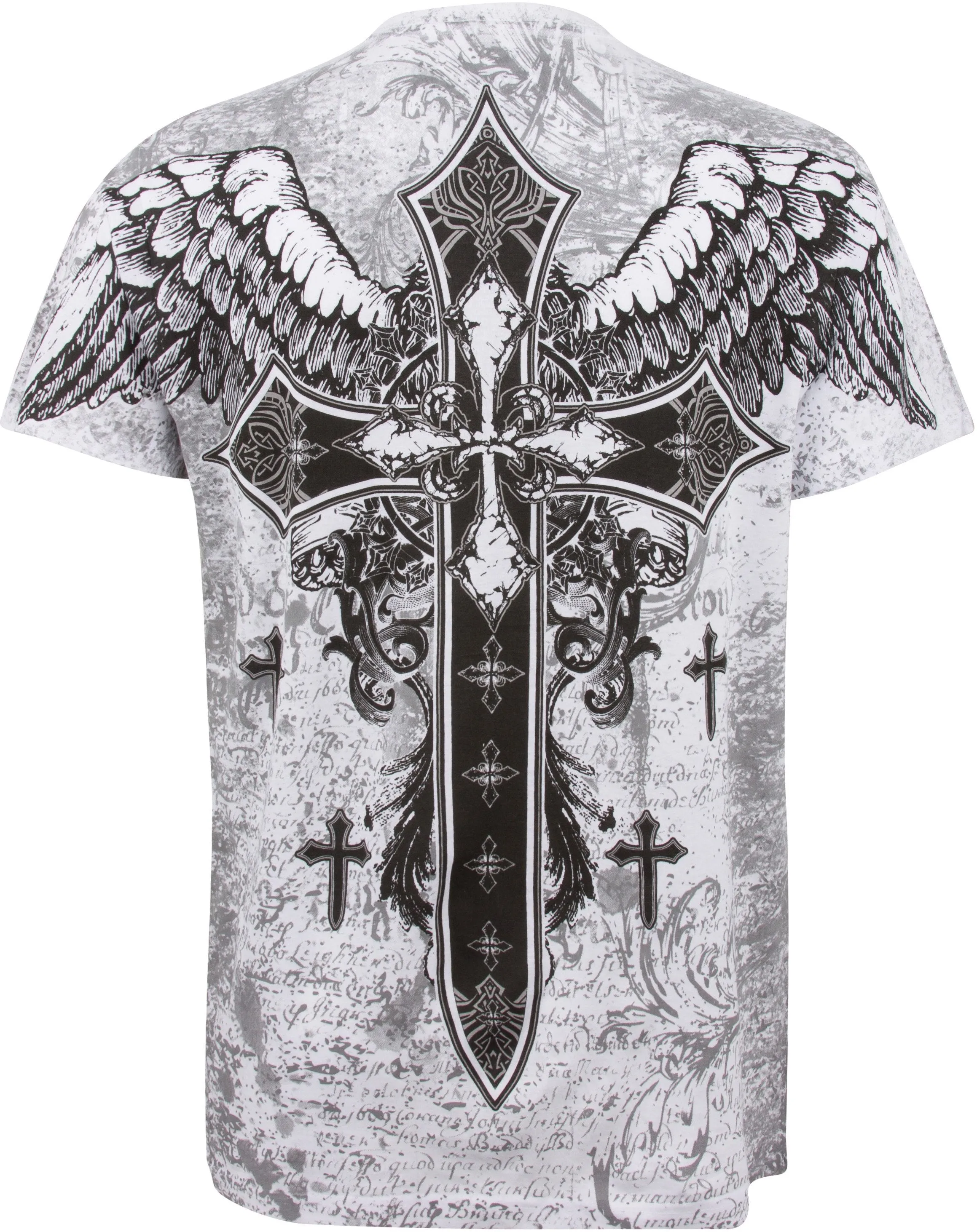 Metallic Silver Embossed Cross Short Sleeve Crew Neck Cotton Mens Fashion T-Shirt