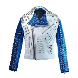 Motorbike Style Studded Punk Leather Jacket with Blue Sleeves