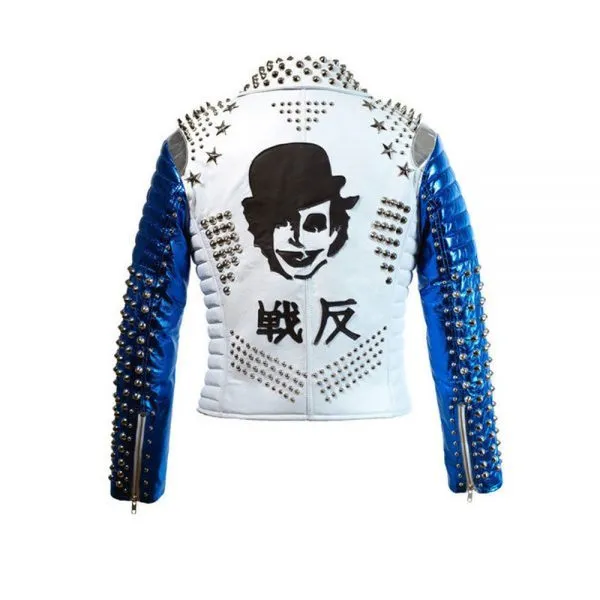 Motorbike Style Studded Punk Leather Jacket with Blue Sleeves