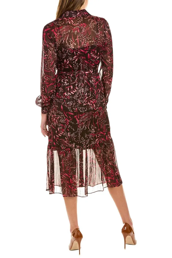 Nanette Lepore Collared Long Sleeve Barbell Cuffs Button Front Multi Print Metallic Tie Waist Chiffon Shirt Dress