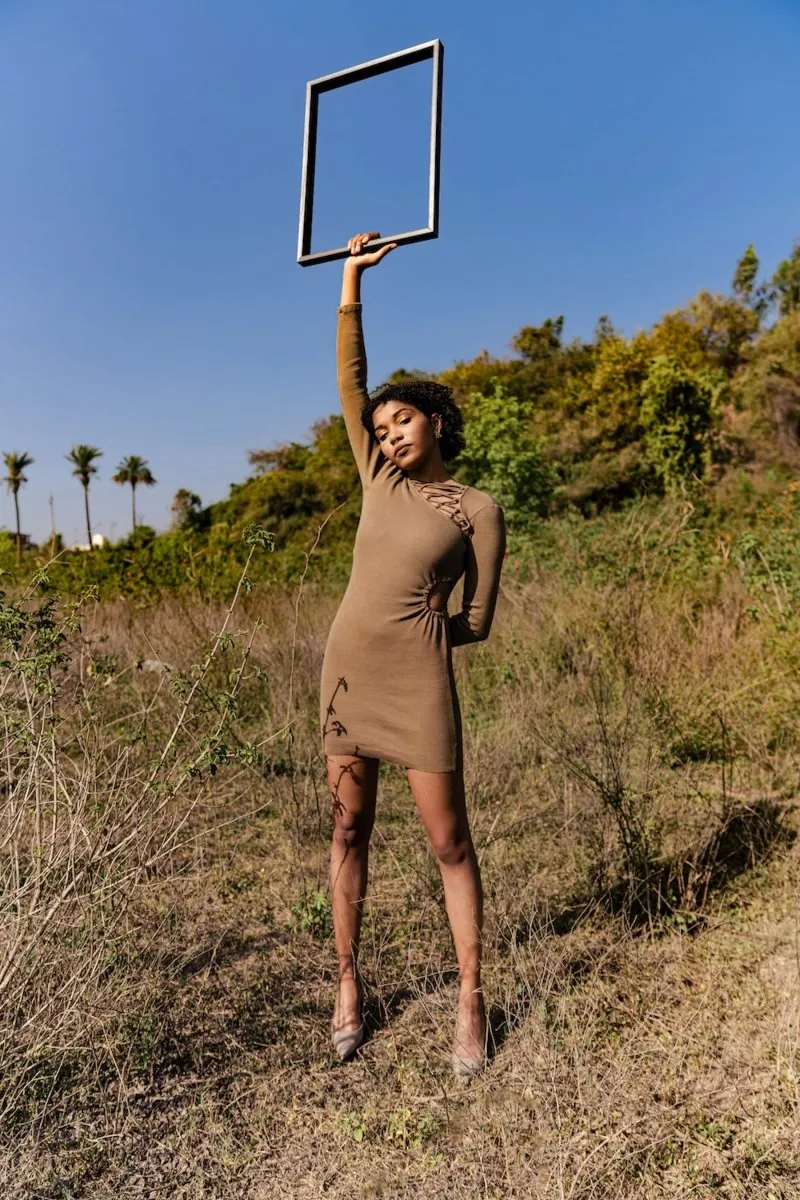 Natalia Dress - Lace Neckline Dress in Cotton Knit |  Olive Green