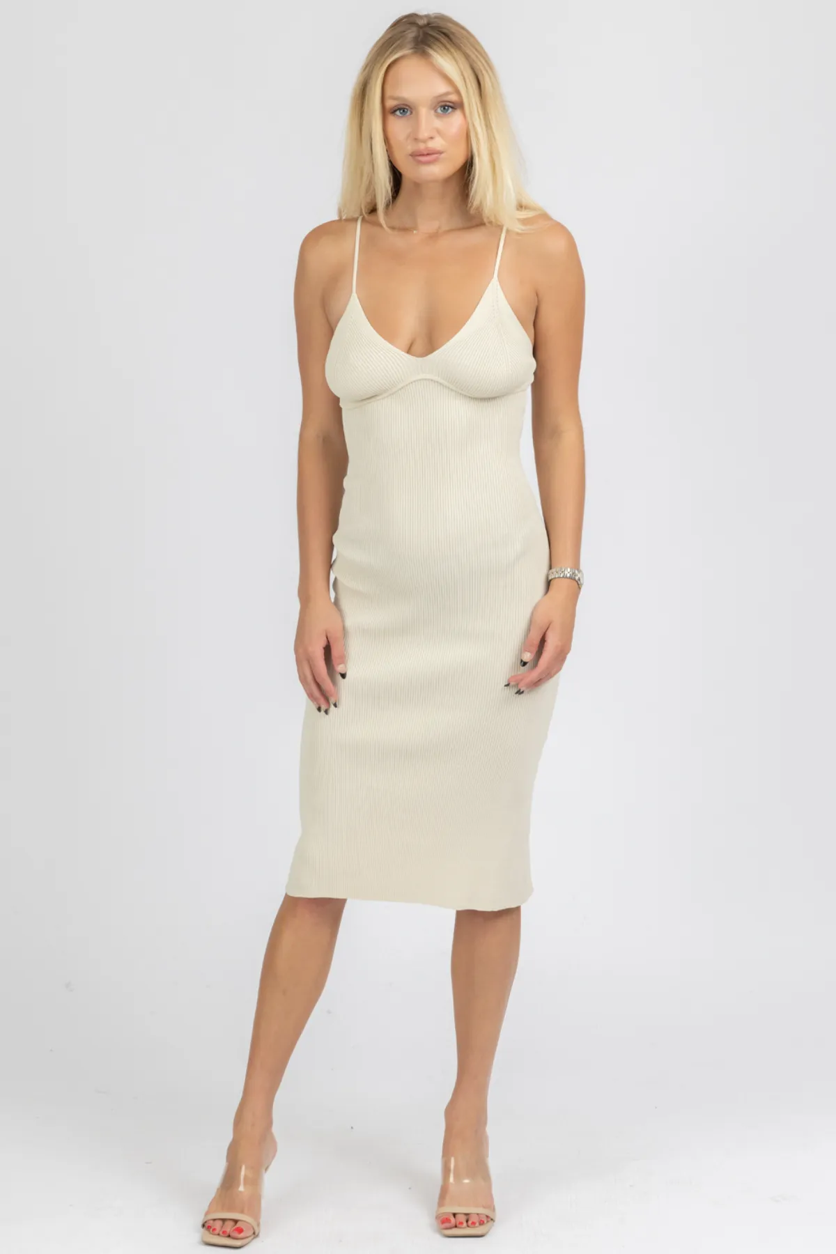 NATURAL UNDERWIRE KNIT MIDI DRESS