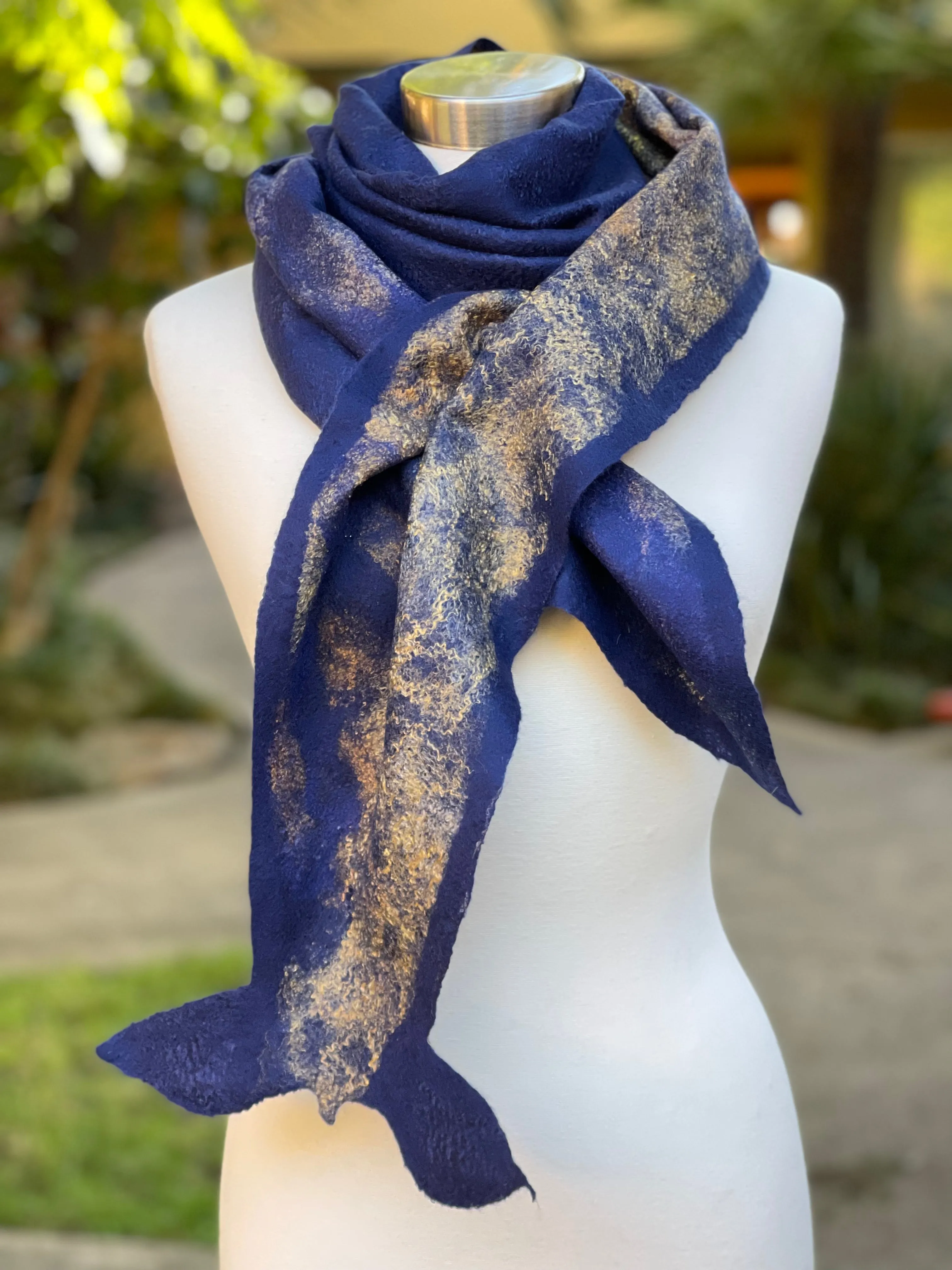 Navy Blue Felted Wool Scarf, Women Felted Scarf, Textured Evening Wrap, Wool Scarf